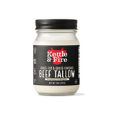 Kettle & Fire frasco de manteca de res 14 oz mostrando etiquetado y ventaja de frescura