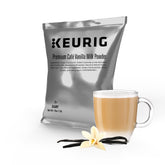 Keurig bolsa frontal de vainilla mostrando etiqueta y ventaja de rendimiento
