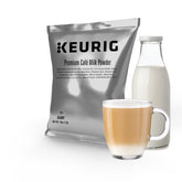Keurig bolsa frontal mostrando marca y rendimiento aproximado, facilita reposición