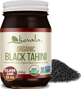 Kevala frasco frontal mostrando tahini negro, visual apetitoso y orgánico