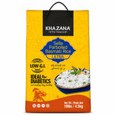 Khazana paquete frente mostrando 10 lb y marca, fácil almacenamiento