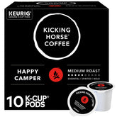 Kicking Horse frente del empaque mostrando caja y marca, conveniencia para Keurig