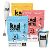 Kiid Coffee set completo con vaso y espumador mostrando conveniencia para familias