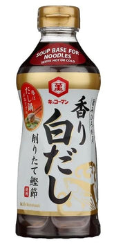 Kikkoman Kaori Shiro Dashi botella frontal muestra mezcla y uso