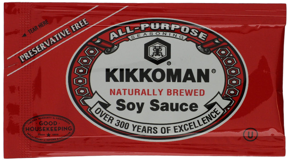 Kikkoman sobres frontales mostrando paquete y porciones fáciles de usar
