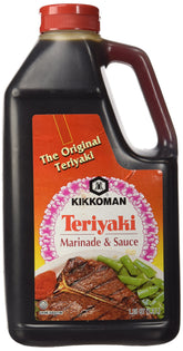 Kikkoman teriyaki frente del envase mostrando etiqueta clara y volumen util