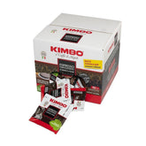 KIMBO caja frontal de 100 cápsulas mostrando diseño y sostenibilidad