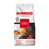 Kimbo paquete frontal mostrando sello napolitano y aroma intenso