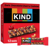 KIND empaque frontal Dark Chocolate Cherry Cashew mostrando 12 barras, conveniencia portátil