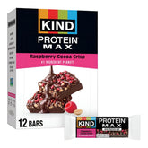 KIND empaque frontal de Protein MAX Raspberry Cocoa Crisp mostrando la marca y beneficio proteico