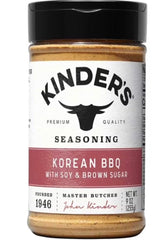 KINDER'S frasco frontal del rub Korean BBQ mostrando etiqueta y beneficio de sabor consistente