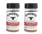 KINDER'S frasco frontal del condimento Red Jalapeño Garlic mostrando la etiqueta y shaker como ventaja