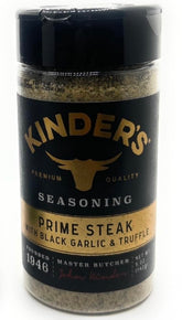 Kinder's frasco frontal del condimento prime steak, detalle de etiqueta y beneficios
