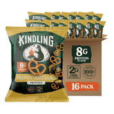 Kindling frente del paquete mostrando el sabor Honey Mustard y beneficio de proteína
