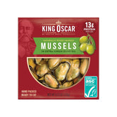 King Oscar lata frontal mostrando mejillones listos para comer y presentación atractiva