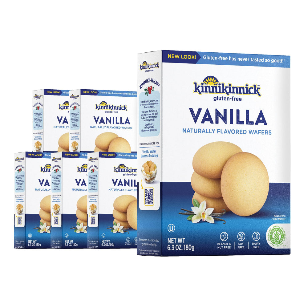 Kinnikinnick paquete frontal de galletas vainilla mostrando cajas múltiples y conveniencia