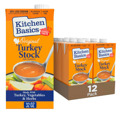 Kitchen Basics frente del empaque mostrando caja de 32 oz y conveniencia