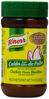 Knorr caldo granulado frente del envase mostrando marca y tamaño, aporta sabor consistente