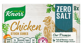 Knorr cubos de caldo de pollo pack frontal mostrando 8 unidades, facilita control de sal
