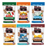 Knotty Pretzels frontal del paquete variedad, ofrece opciones para maridar