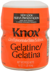 Knox gelatina sin sabor frente del paquete mostrando marca y peso beneficio: almacenamiento práctico