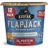Paquete frontal Kodiak Cakes arándanos y maple mostrando diseño y tamaño práctico