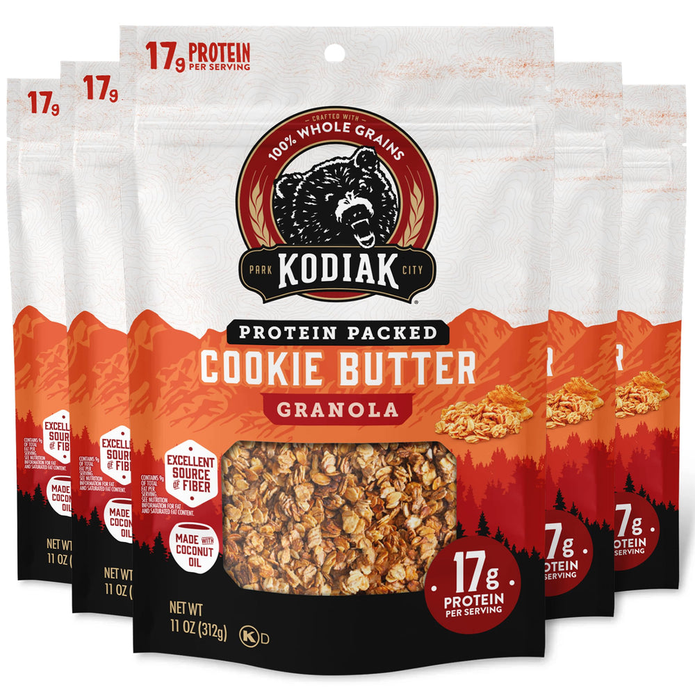 Kodiak Cakes frente del paquete con diseño y sello de proteína visible