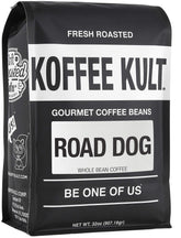 Koffee Kult paquete frontal 32oz mostrando sello de tueste oscuro y frescura