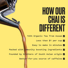 Kolkata Chai Co taza de chai en uso con espuma, invitando a saborear