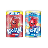 Kool-Aid lata frontal mostrando sabores Cherry y Tropical Punch para fácil identificación