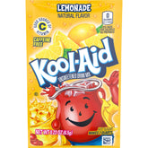 Kool-Aid frente del paquete mostrando cantidad y tamaño, práctico para almacenar