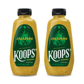 Koops mostaza jalapeño frente del envase mostrando tamaño y diseño