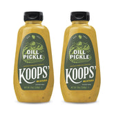 KOOPS' botella frontal mostrando mostaza con pepinillo y eneldo para añadir sabor