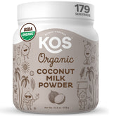 KOS frente del envase mostrando 12.6 oz y 179 porciones, fácil almacenamiento