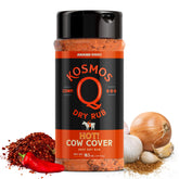 Kosmos Q frasco frente mostrando etiqueta y neto 10.5 oz, ideal para parrilla