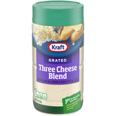 Kraft bote frontal Three Cheese Blend muestra envase práctico y resultado sabroso