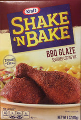 Kraft paquete frontal Shake 'N Bake BBQ Glaze mostrando conveniencia y sabor