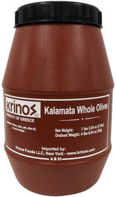 Krinos aceitunas Kalamata frente del envase mostrando el producto y conservación