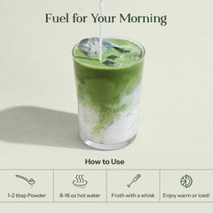 KROMA matcha latte servido espumoso en vaso, aspecto cremoso y apetecible