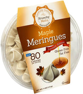 Krunchy Melts frente del empaque transparente mostrando merengues maple, práctico y visual