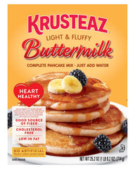Krusteaz caja frontal Heart Healthy Buttermilk mostrando presentación y beneficio práctico