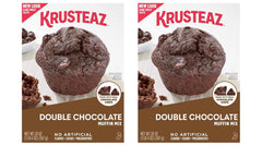 Krusteaz empaque frontal doble chocolate mostrando la marca y beneficio de sabor intenso