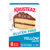 Krusteaz caja frontal mostrando mezcla de pastel amarillo, resultado clásico