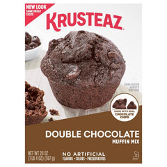 Krusteaz empaque frontal Double Chocolate mostrando la marca y beneficio sabor intenso