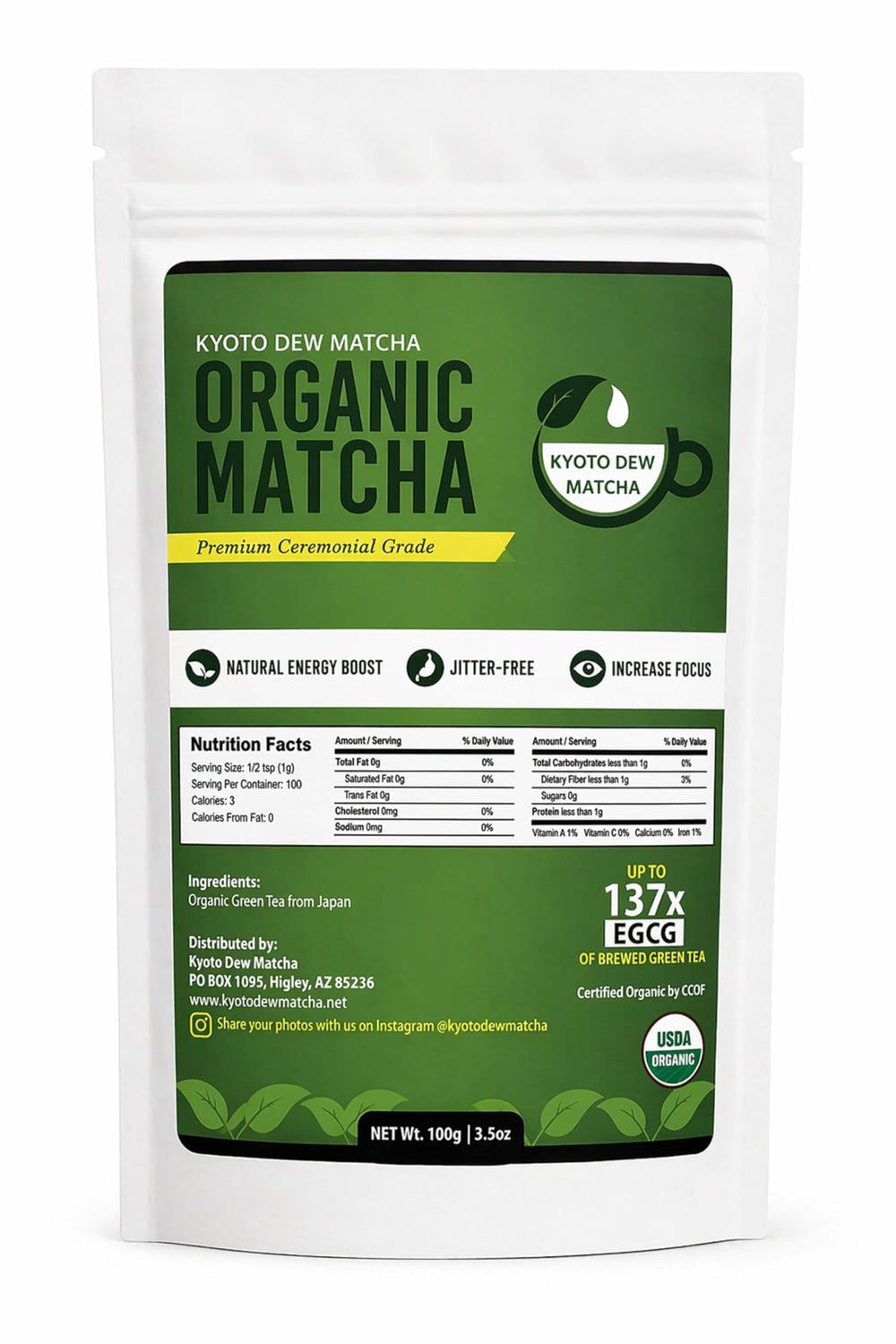 Kyoto Dew Matcha empaque frontal mostrando diseño y sello orgánico