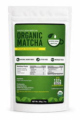 Kyoto Dew Matcha empaque frontal mostrando 200 g y beneficios orgánicos