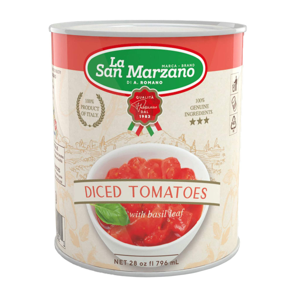 La San Marzano frente del empaque mostrando seis latas y conveniencia