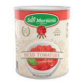 La San Marzano frente del empaque mostrando seis latas y conveniencia