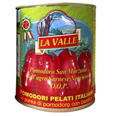 La Valle lata frente con etiqueta San Marzano D.O.P., ingrediente auténtico