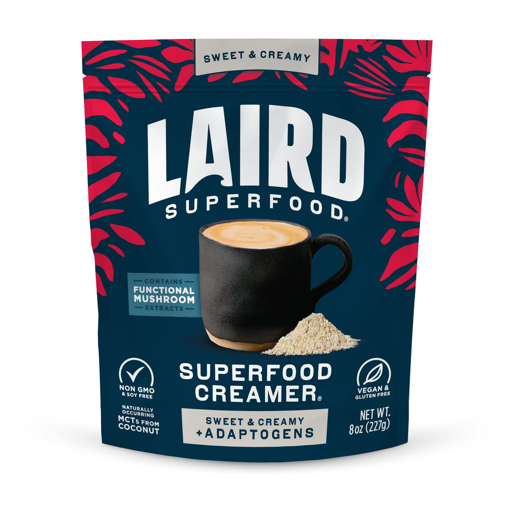 Laird Superfood frente del paquete mostrando bolsa y etiqueta, beneficio claridad de ingredientes